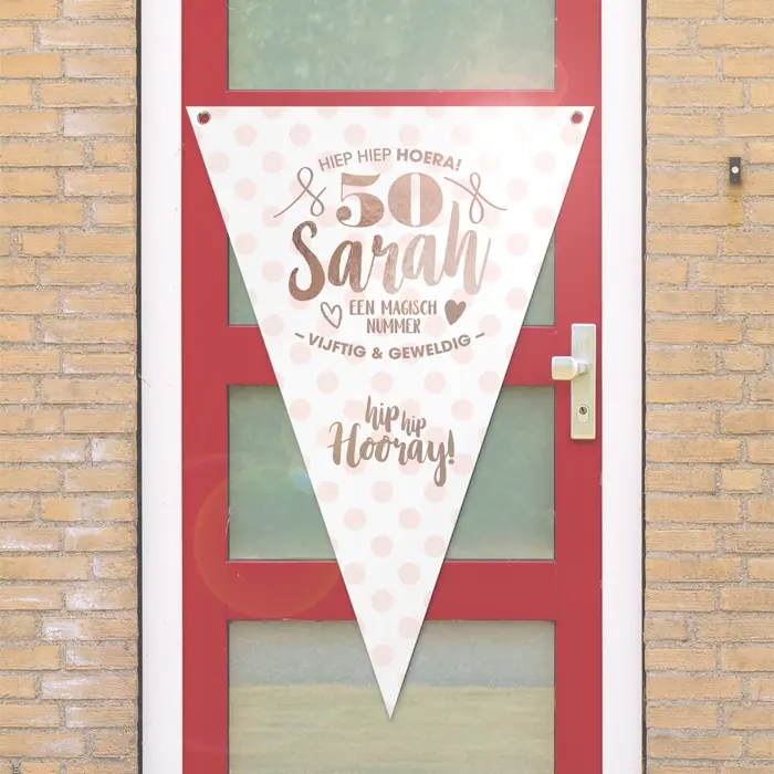 Vlag Sarah 50 jaar wit/roze 100x150cm
