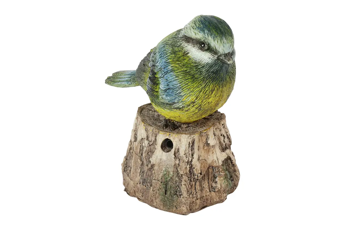 Vogel Pimpelmees zingend op stam blauw/geel