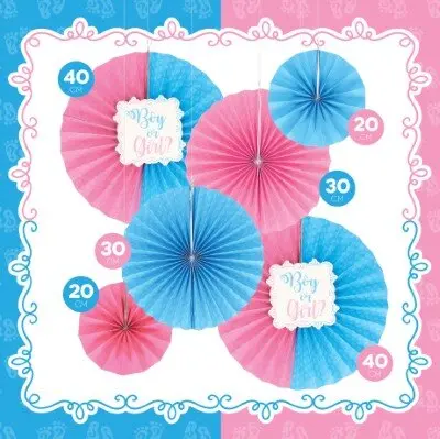 Waaiers gender reveal papier roze/blauw- 6 stuks