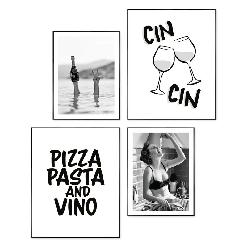 Wanddecoratieset in verschillende formaten Pizza, pasta en wijn 50x40