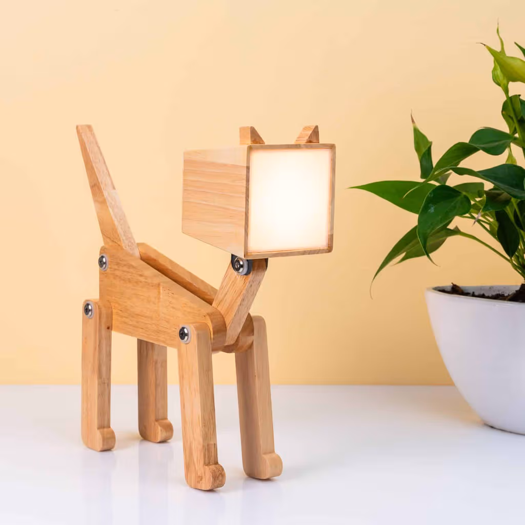 Wooden Cat Table Lamp Rechargeable